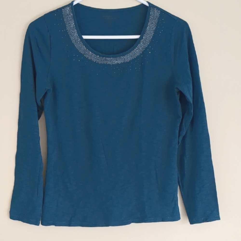 XXS Coldwater Creek Blue Blingy Long Sleeve Shirt Top Cotton Blend